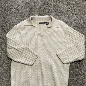 (relativity) Women’s Large sweater Vneck w/ Collar cable knit 3/4 sleeve tan.‎